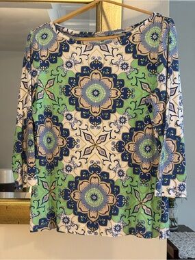 Talbots Pima Cotton Medallion Boatneck 3/4 Sleeve Top